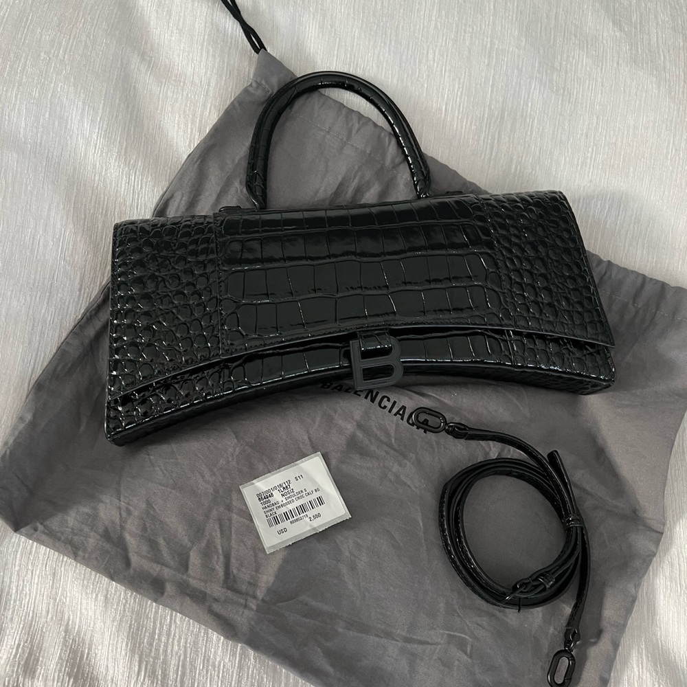 Balenciaga hourglass croc embossed black leather